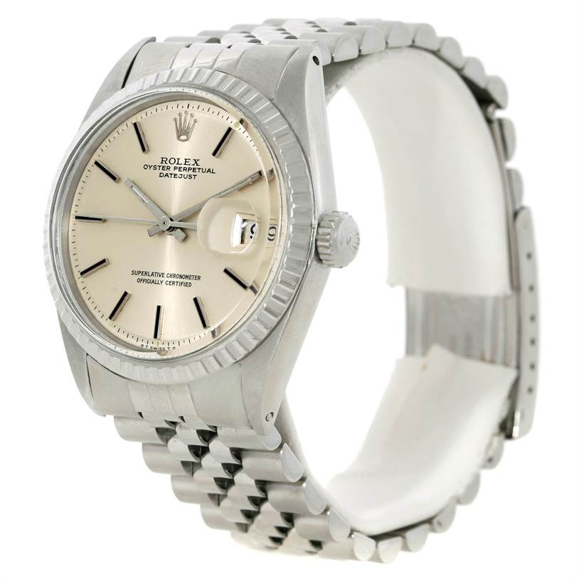 The image shows a Rolex Vintage Collection 1603 Men's Stainless Steel Silver Dial 1603 Men's Stainless Steel Silver Dial Oyster Perpetual Datejust watch from a front and side angle, highlighting the dial, bezel, and bracelet.