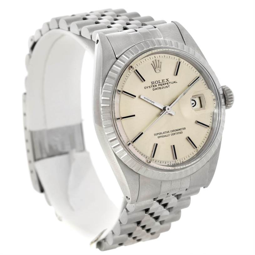 The Rolex Vintage Collection 1603 Men's Stainless Steel Silver Dial 1603 Men's Stainless Steel Silver Dial model is shown at an angle displaying its face, bezel, crown, dial, and bracelet.