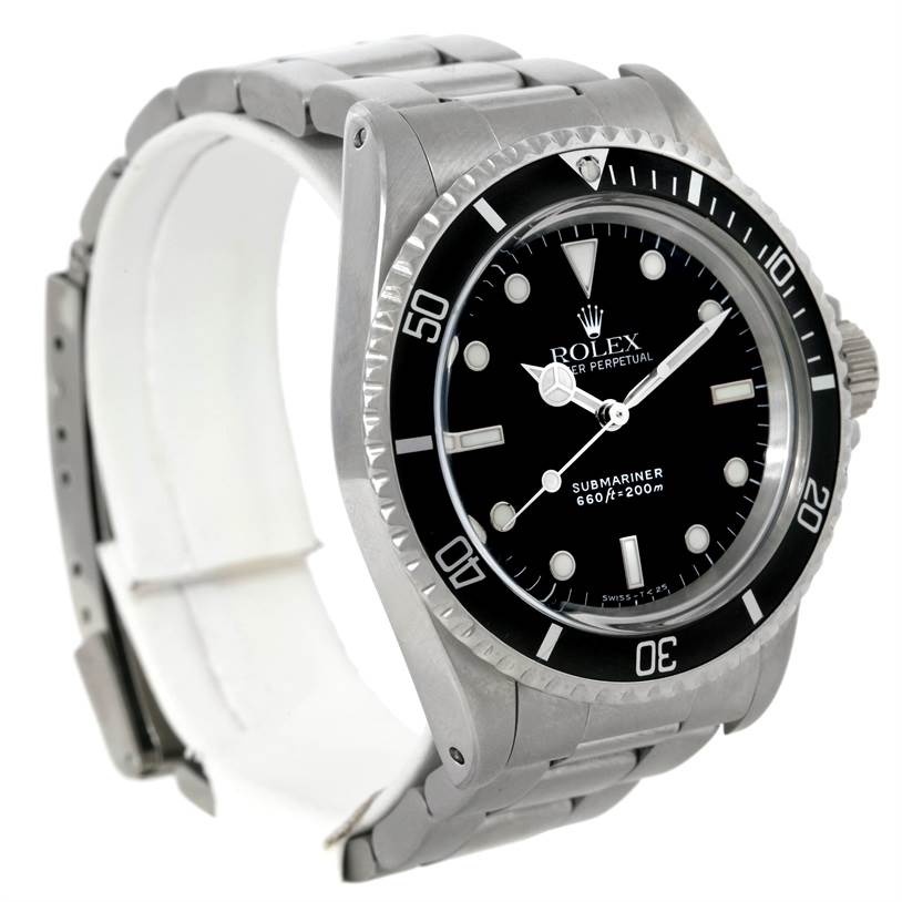 The image shows a Rolex Vintage Collection 5513 Men's Stainless Steel Black Dial 5513 Men's Stainless Steel Black Dial Submariner watch from a front-side angle, highlighting its bezel, dial, and bracelet.