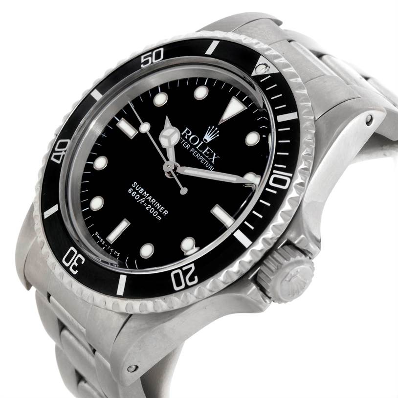 This image shows a close-up, angled view of the Rolex Vintage Collection 5513 Men's Stainless Steel Black Dial 5513 Men's Stainless Steel Black Dial Submariner's face, bezel, crown, and part of the bracelet.