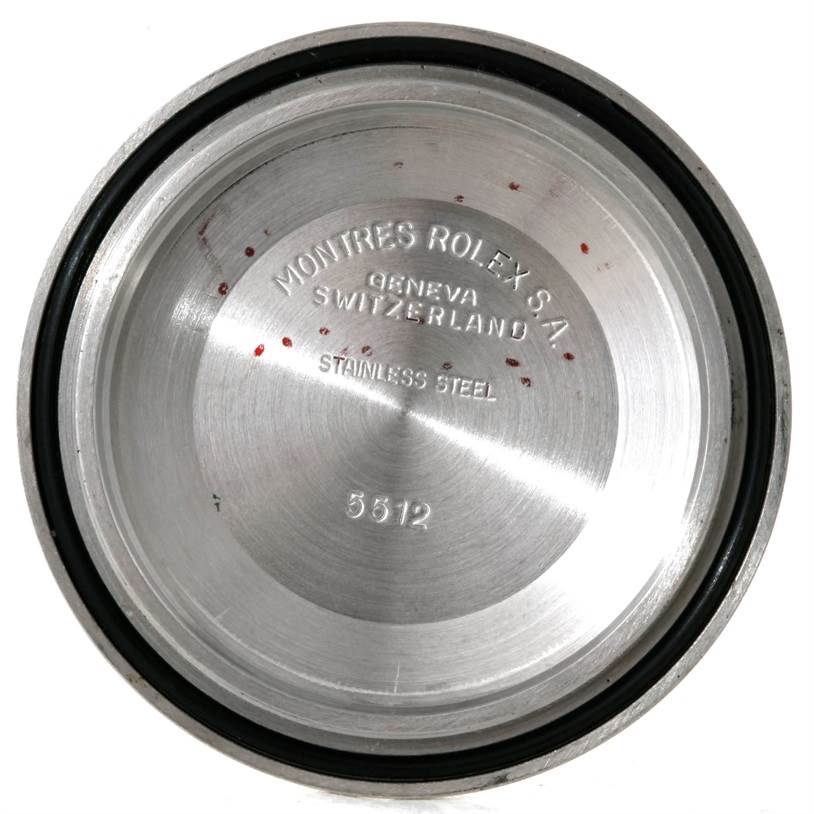 This image shows the inside of the stainless steel case back of a Rolex Vintage Collection 5513 Men's Stainless Steel Black Dial 5513 Men's Stainless Steel Black Dial model marked with "Montres Rolex S.A."