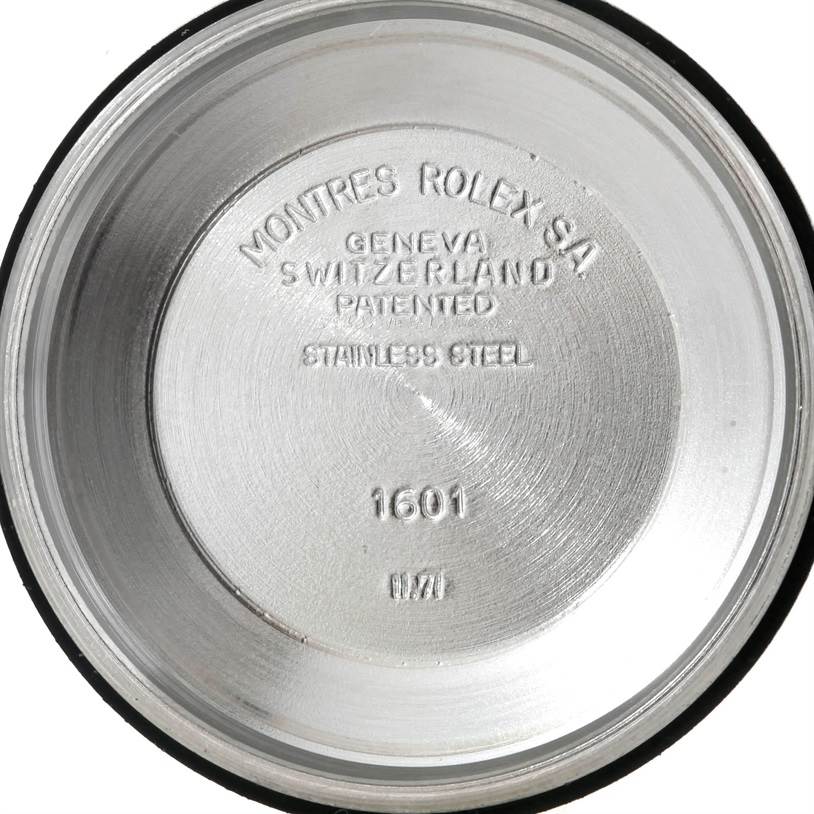 This image shows the inside case back of a Vintage Collection Rolex watch, model 1601.