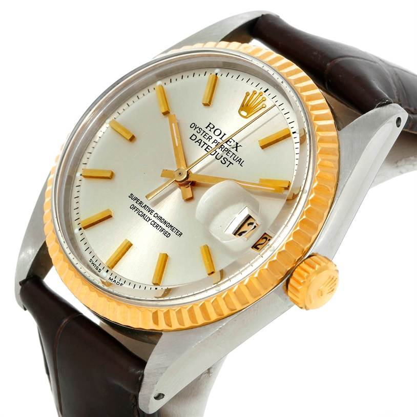 The image shows a Vintage Collection Rolex Oyster Perpetual Datejust watch at an angle highlighting the dial, bezel, and part of the strap.