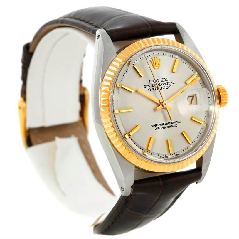 The image shows a Rolex Vintage Collection 1601 Men's Stainless Steel Silver Dial 1601 Men's Stainless Steel Silver Dial model watch from a side angle, highlighting its dial, bezel, and strap.