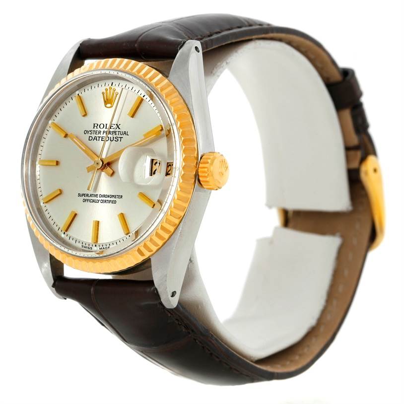The Rolex Vintage Collection 1601 Men's Stainless Steel Silver Dial 1601 Men's Stainless Steel Silver Dial watch is shown at a slight angle, displaying the bezel, crown, dial, and leather strap.