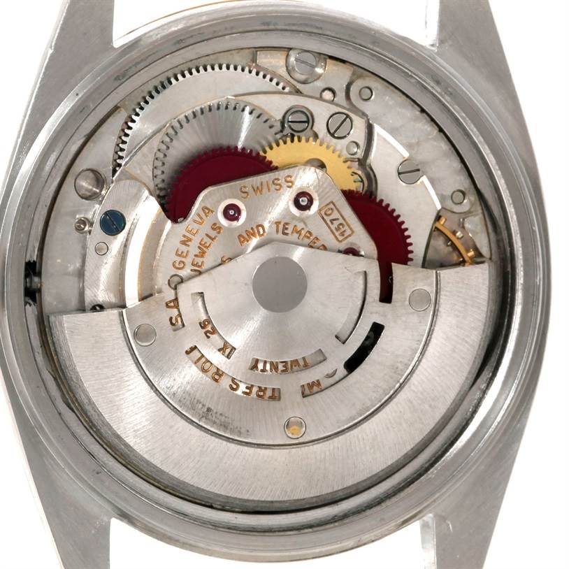This image shows the internal mechanical components of the Vintage Collection model by Rolex from a rear angle with the case back removed.