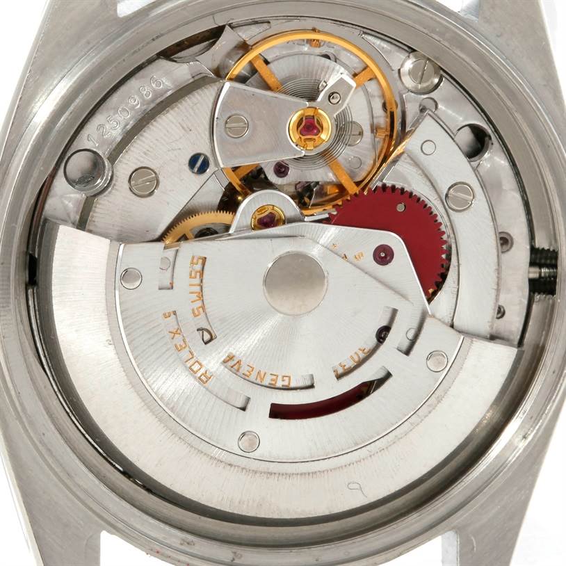 The image shows the inner mechanical movement of a Rolex Vintage Collection 16030 Men's Stainless Steel White Dial 16030 Men's Stainless Steel White Dial watch in a close-up rear angle view.