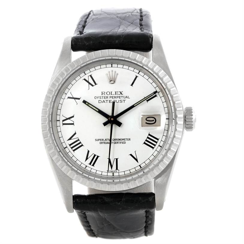 This Rolex Vintage Collection 16030 Men's Stainless Steel White Dial 16030 Men's Stainless Steel White Dial model is shown from the front, displaying its white dial, Roman numerals, and black leather strap.