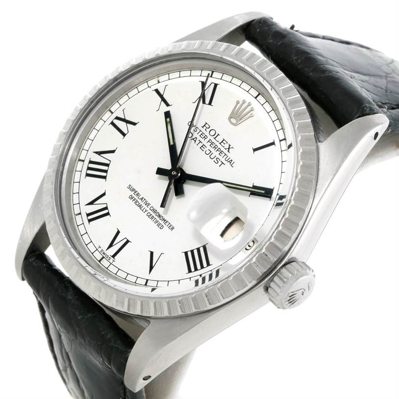 The Vintage Collection model by Rolex is shown at an angled view highlighting the dial, bezel, crown, and part of the leather strap.