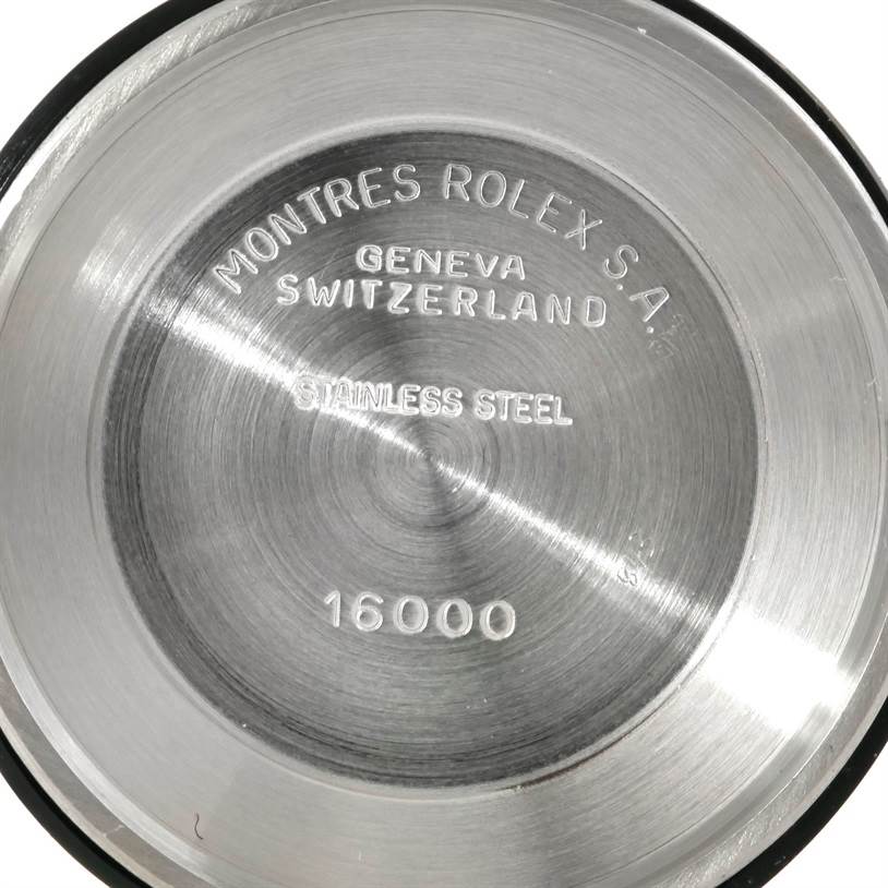 This image shows the back case of the Rolex Vintage Collection 16030 Men's Stainless Steel White Dial 16030 Men's Stainless Steel White Dial watch, highlighting its stainless-steel material and model number 16000.