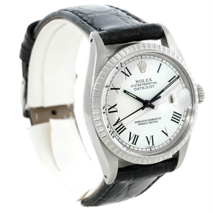 The image shows a side angle view of the Rolex Vintage Collection 16030 Men's Stainless Steel White Dial 16030 Men's Stainless Steel White Dial Datejust watch with a black leather strap and a white dial with Roman numerals.