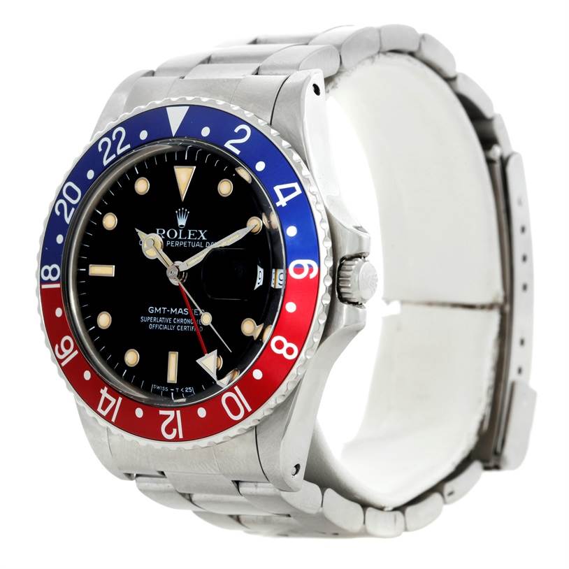 The image shows the Rolex Vintage Collection 16750 Men's Stainless Steel Black Dial 16750 Men's Stainless Steel Black Dial GMT-Master watch from a front angle, highlighting its bezel, dial, and partial bracelet.