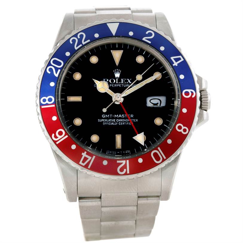 The image shows a front view of a Rolex GMT-Master Vintage Collection model, highlighting its bezel, dial, and bracelet.
