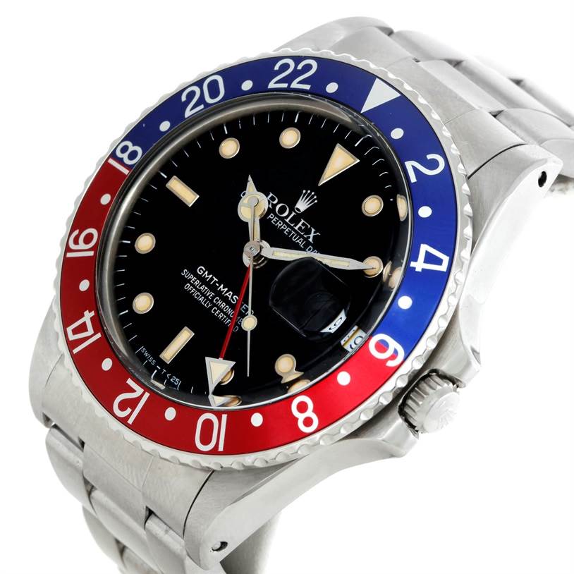 The Rolex Vintage Collection 16750 Men's Stainless Steel Black Dial 16750 Men's Stainless Steel Black Dial GMT-Master II watch is shown at an angle, highlighting its face, bezel, and part of the bracelet.