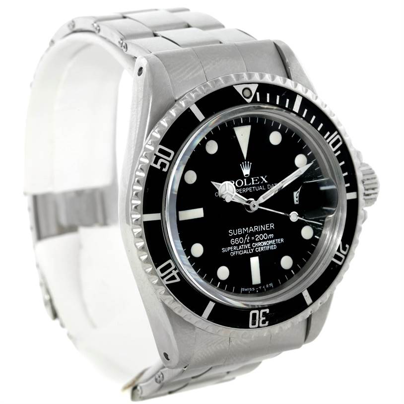 This image shows a Rolex Vintage Collection 1680 Men's Stainless Steel Black Dial 1680 Men's Stainless Steel Black Dial Submariner watch at a slightly tilted angle, displaying its dial, bezel, and part of the bracelet.