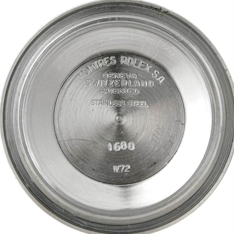 This image shows the inside case back of a Rolex Vintage Collection 1680 Men's Stainless Steel Black Dial 1680 Men's Stainless Steel Black Dial watch, model 1680, displaying text and engravings.