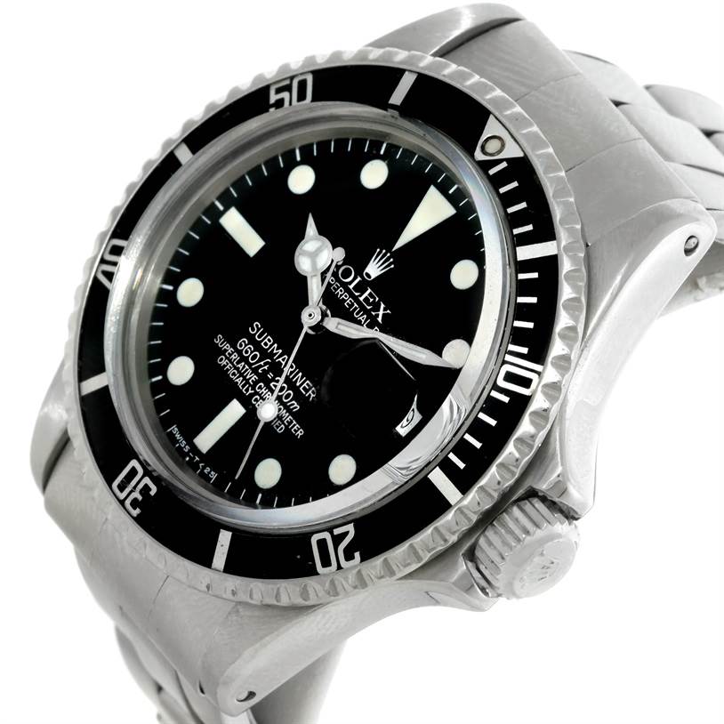 The image shows a close-up of the Rolex Vintage Collection 1680 Men's Stainless Steel Black Dial 1680 Men's Stainless Steel Black Dial Submariner model, highlighting the dial, bezel, and crown.