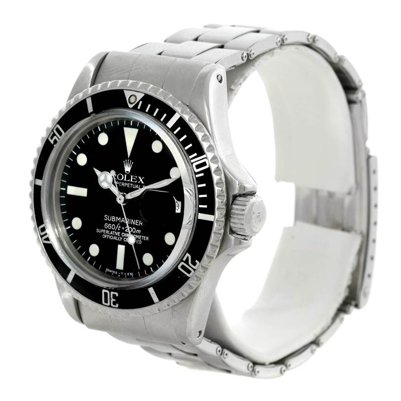 The image shows a Rolex Vintage Collection 1680 Men's Stainless Steel Black Dial 1680 Men's Stainless Steel Black Dial Submariner watch at a three-quarter angle, highlighting the dial, bezel, and bracelet.