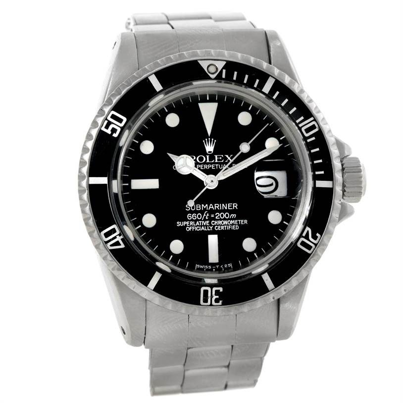 The image shows a front view of the Rolex Vintage Collection 1680 Men's Stainless Steel Black Dial 1680 Men's Stainless Steel Black Dial Submariner, highlighting the dial, bezel, bracelet, and crown.