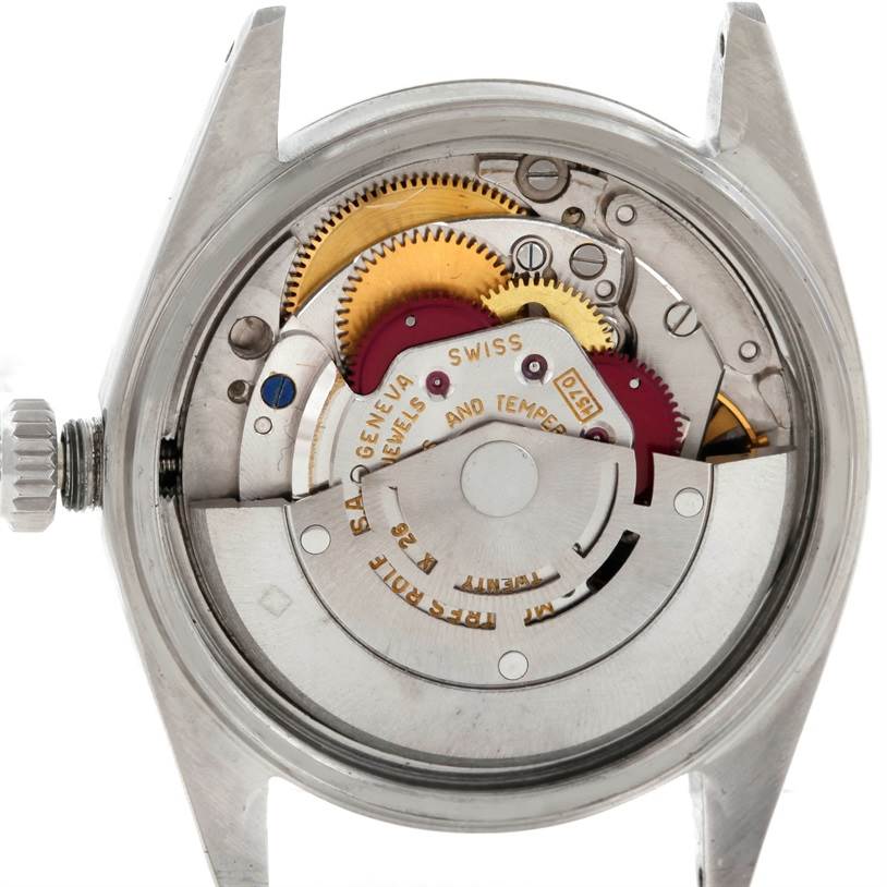 This is a close-up view of the movement and internal mechanisms of the Rolex Vintage Collection 1601 Men's Stainless Steel Silver Dial 1601 Men's Stainless Steel Silver Dial watch.