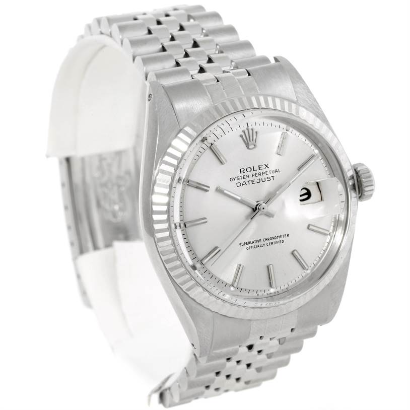 The Rolex Vintage Collection 1601 Men's Stainless Steel Silver Dial 1601 Men's Stainless Steel Silver Dial model is shown at a front-side angle, displaying the dial, bezel, crown, and part of the bracelet.