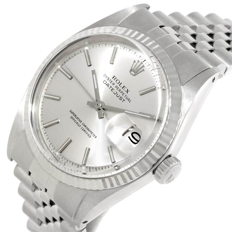 The image shows a Rolex Vintage Collection 1601 Men's Stainless Steel Silver Dial 1601 Men's Stainless Steel Silver Dial Datejust watch at an angled view highlighting the dial, bezel, crown, and bracelet.