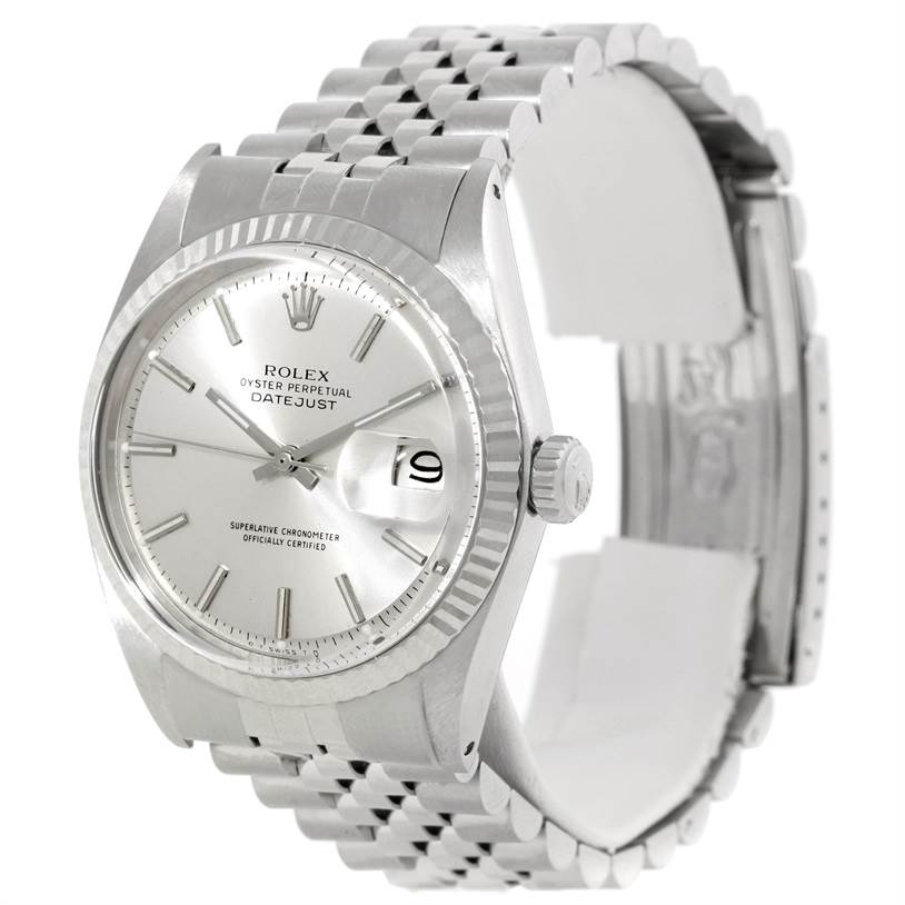 The image shows a Rolex Vintage Collection 1601 Men's Stainless Steel Silver Dial 1601 Men's Stainless Steel Silver Dial Datejust watch from a front angle, highlighting its dial, fluted bezel, and jubilee bracelet.