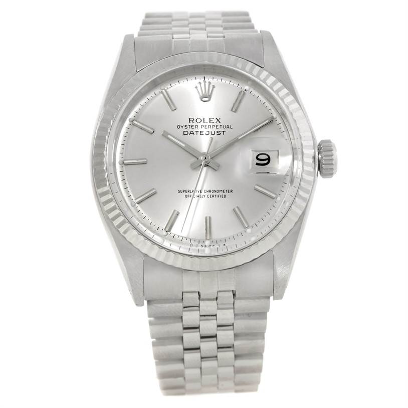 The image shows a front view of the Rolex Vintage Collection 1601 Men's Stainless Steel Silver Dial 1601 Men's Stainless Steel Silver Dial Oyster Perpetual Datejust watch, highlighting the dial, bezel, and bracelet.