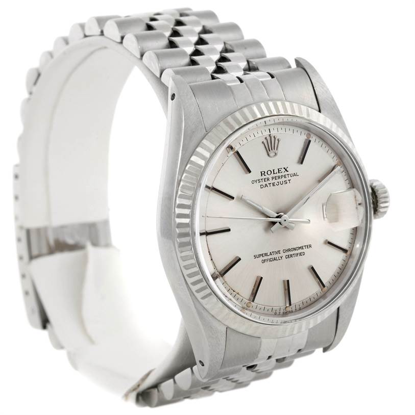The Rolex Vintage Collection 1601 Men's Stainless Steel Silver Dial 1601 Men's Stainless Steel Silver Dial model is shown at a three-quarter angle, displaying its silver dial, fluted bezel, and Jubilee bracelet.