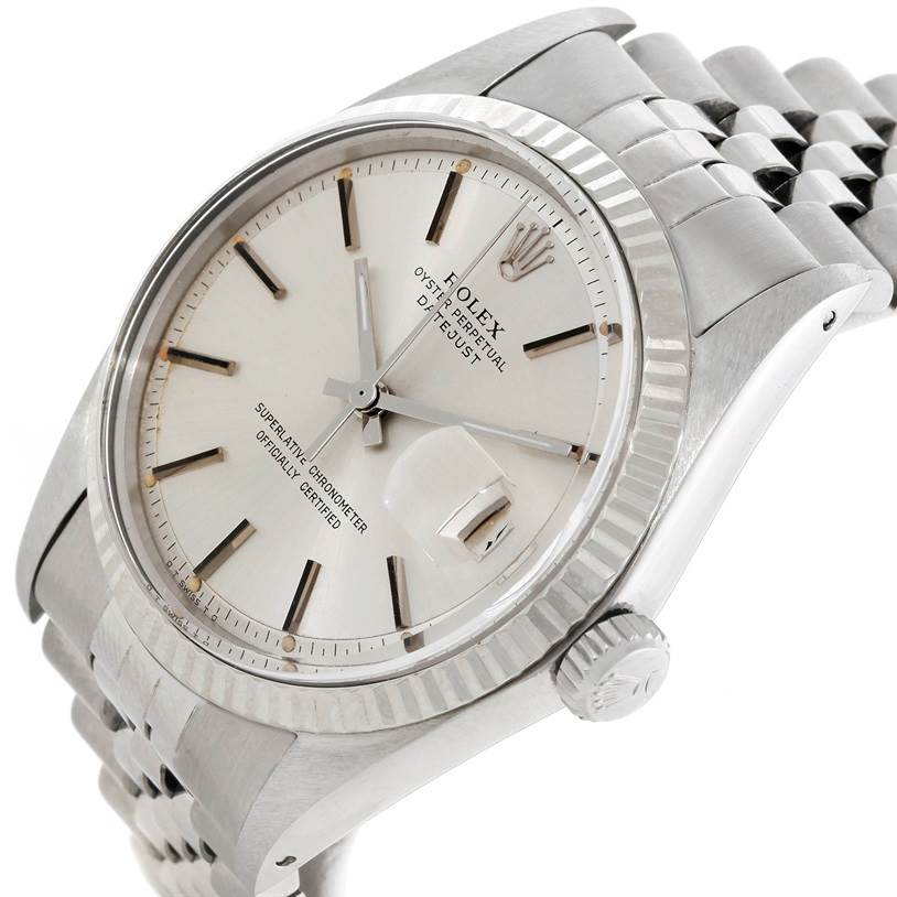 The Rolex Vintage Collection 1601 Men's Stainless Steel Silver Dial 1601 Men's Stainless Steel Silver Dial watch is shown at an angle displaying the face, bezel, crown, and part of the bracelet.