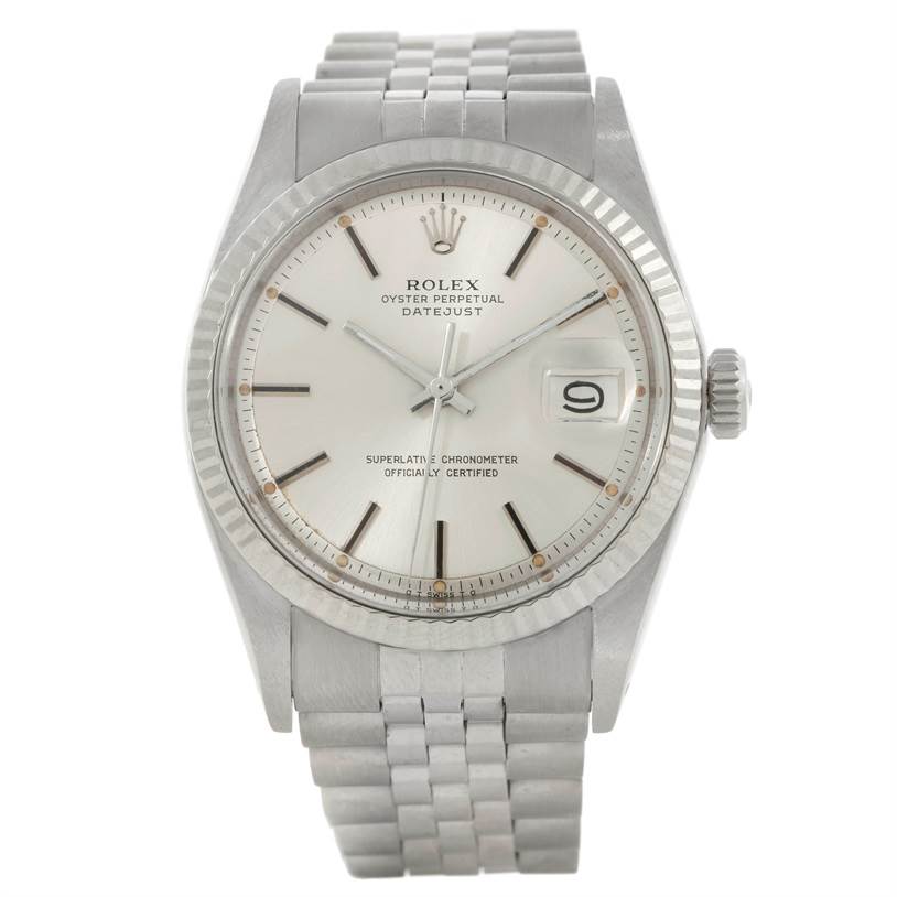 The image shows a Rolex Vintage Collection 1601 Men's Stainless Steel Silver Dial 1601 Men's Stainless Steel Silver Dial model watch, viewed from the front, displaying the dial, hands, and bracelet.