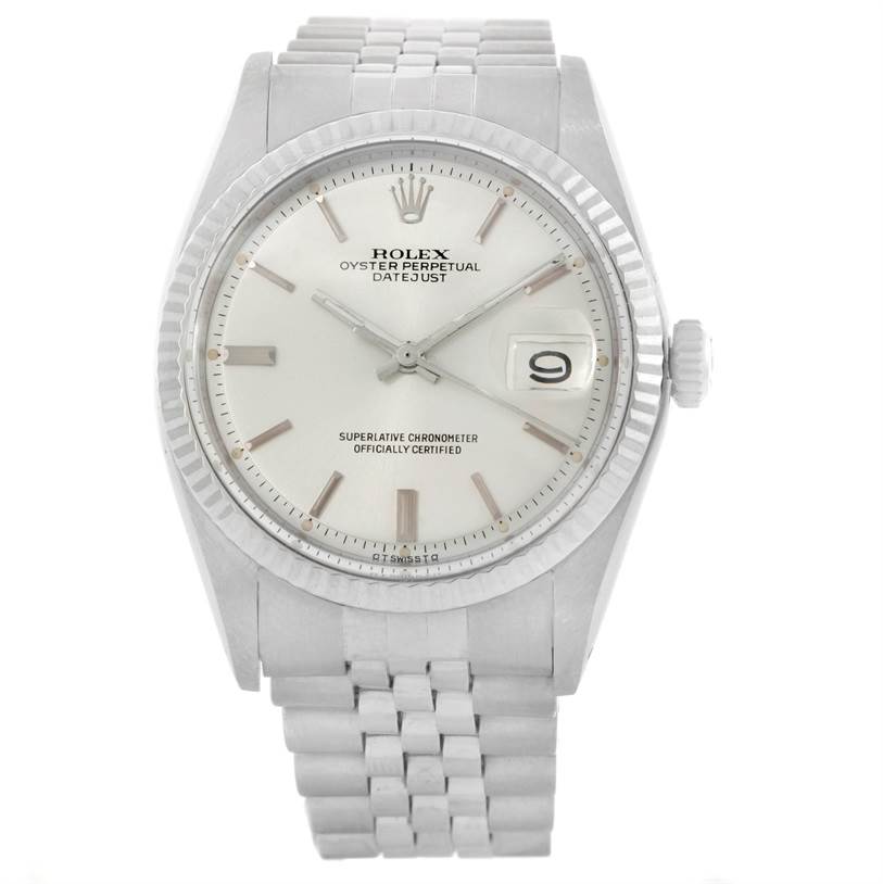 The image shows a front view of the Rolex Vintage Collection 1601 Men's Stainless Steel Silver Dial 1601 Men's Stainless Steel Silver Dial Oyster Perpetual Datejust watch, highlighting its dial, bezel, and bracelet.