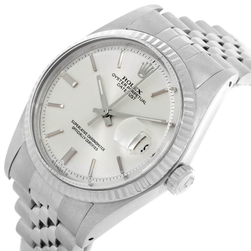 The Rolex Vintage Collection 1601 Men's Stainless Steel Silver Dial 1601 Men's Stainless Steel Silver Dial Datejust watch is shown at an angled view, displaying the dial, crown, bezel, and bracelet.