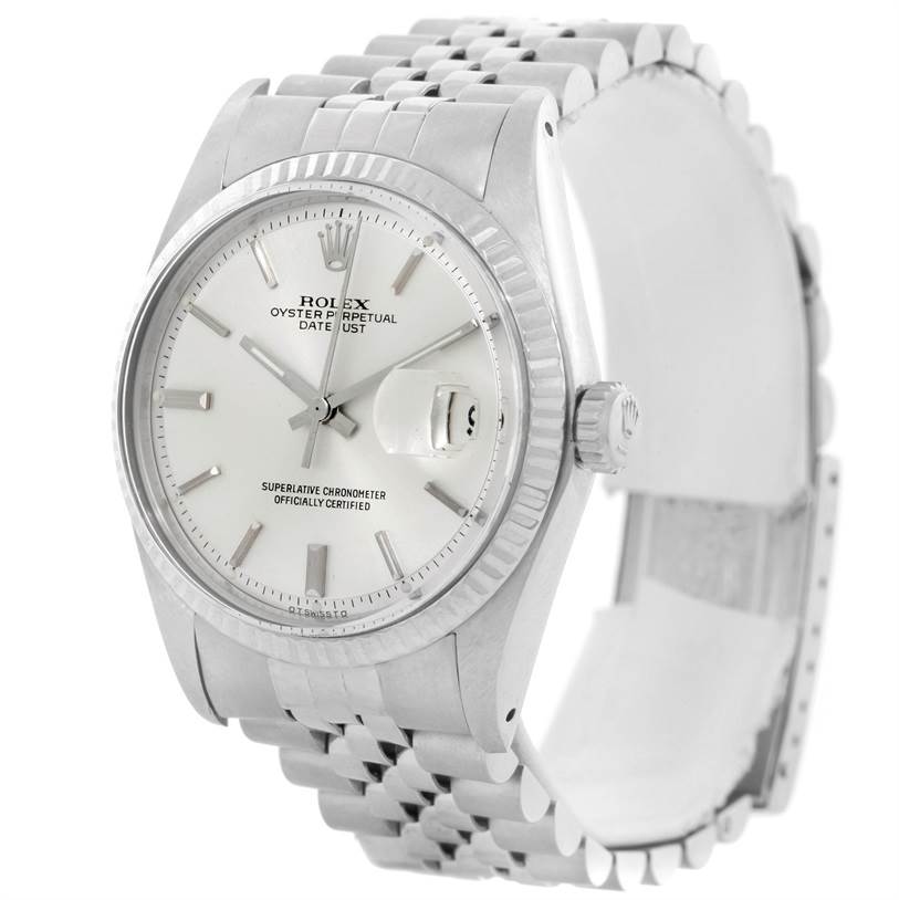 The Rolex Vintage Collection 1601 Men's Stainless Steel Silver Dial 1601 Men's Stainless Steel Silver Dial model is shown at a slight angle, displaying the face, bezel, crown, and part of the bracelet.