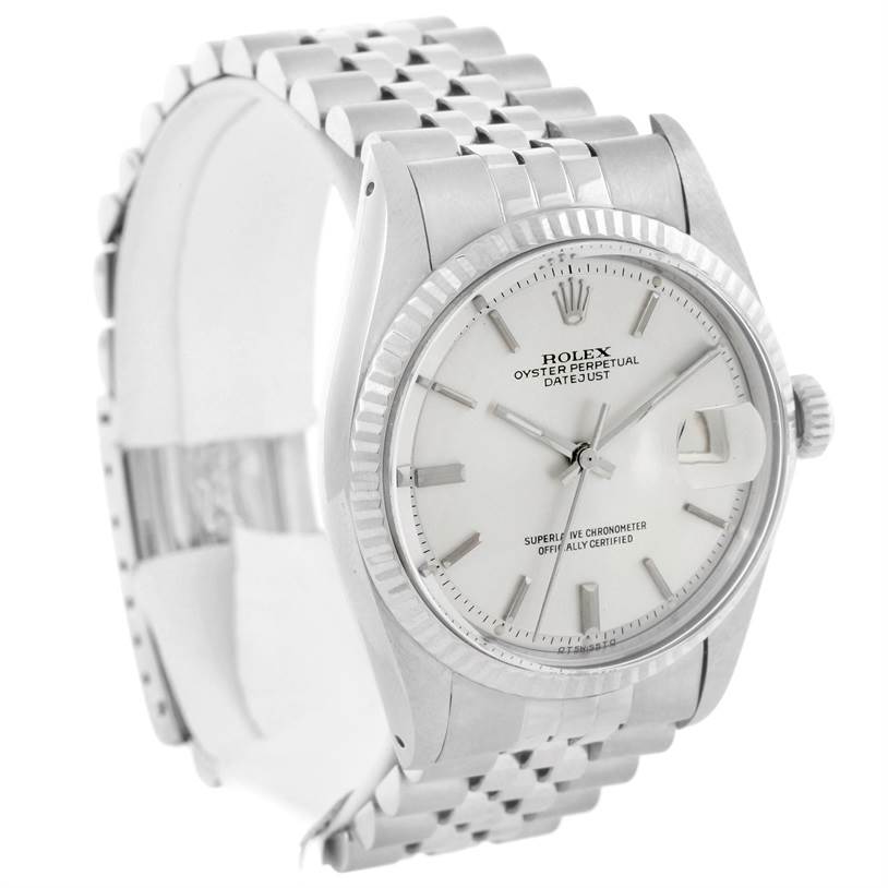 The image shows a Rolex Vintage Collection 1601 Men's Stainless Steel Silver Dial 1601 Men's Stainless Steel Silver Dial model watch at a slight angle, displaying the face, bezel, crown, and partial bracelet.