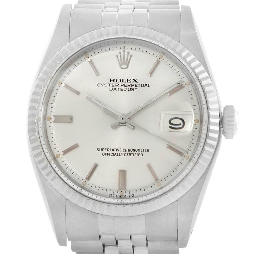 The image shows a front view of a Rolex Vintage Collection 1601 Men's Stainless Steel Silver Dial 1601 Men's Stainless Steel Silver Dial Oyster Perpetual Datejust watch, focusing on its dial, bezel, and bracelet.