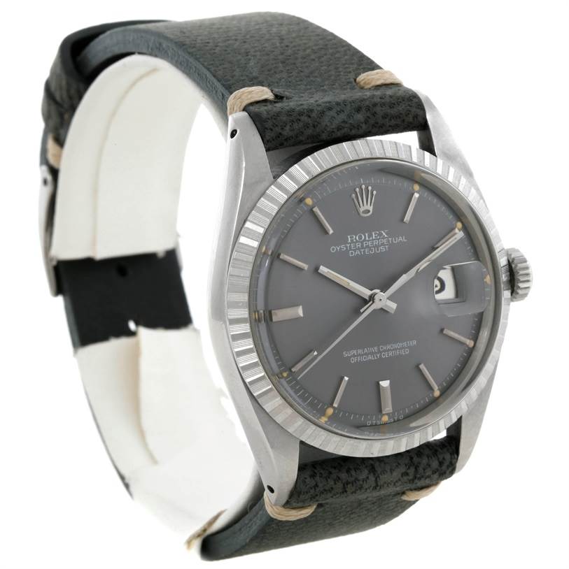 The image shows a Rolex Vintage Collection 1603 Men's Stainless Steel Grey Dial 1603 Men's Stainless Steel Grey Dial Datejust watch, angled to display its face, bezel, crown, and leather strap.