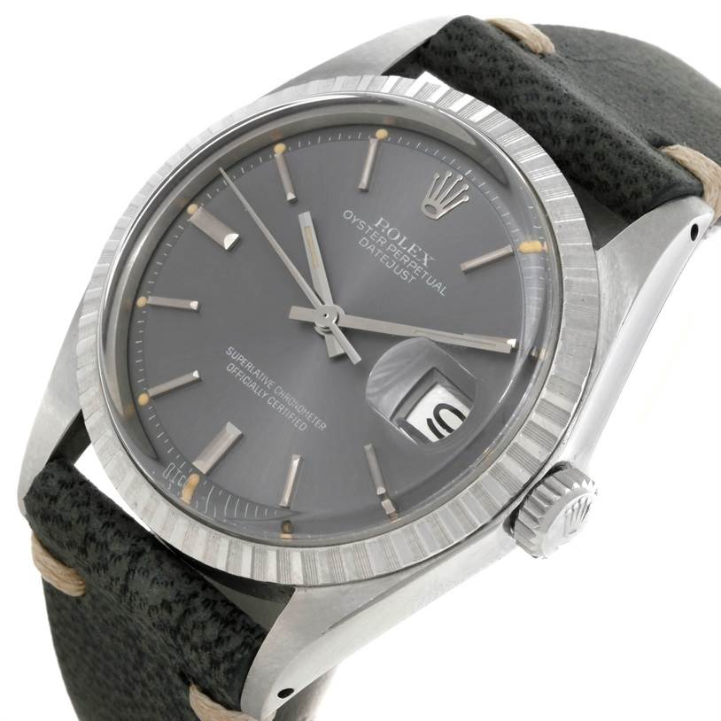 This image shows a Rolex Vintage Collection 1603 Men's Stainless Steel Grey Dial 1603 Men's Stainless Steel Grey Dial watch at a slight angle, displaying the face, bezel, crown, and part of the strap.