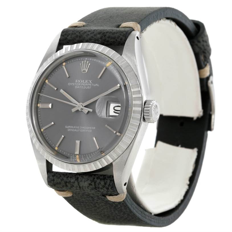 This Rolex Vintage Collection 1603 Men's Stainless Steel Grey Dial 1603 Men's Stainless Steel Grey Dial watch is shown from a three-quarter angle, highlighting the dial, bezel, and leather strap.