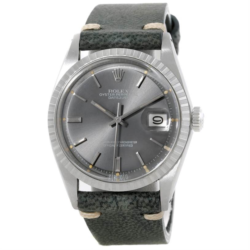The image shows a frontal view of the Rolex Vintage Collection 1603 Men's Stainless Steel Grey Dial 1603 Men's Stainless Steel Grey Dial Datejust watch, highlighting its face, dial, and strap.