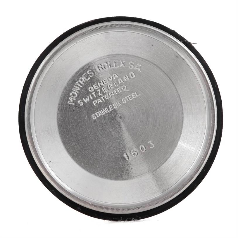 This is the inside view of the case back of a Rolex Vintage Collection 1603 Men's Stainless Steel Grey Dial 1603 Men's Stainless Steel Grey Dial model.