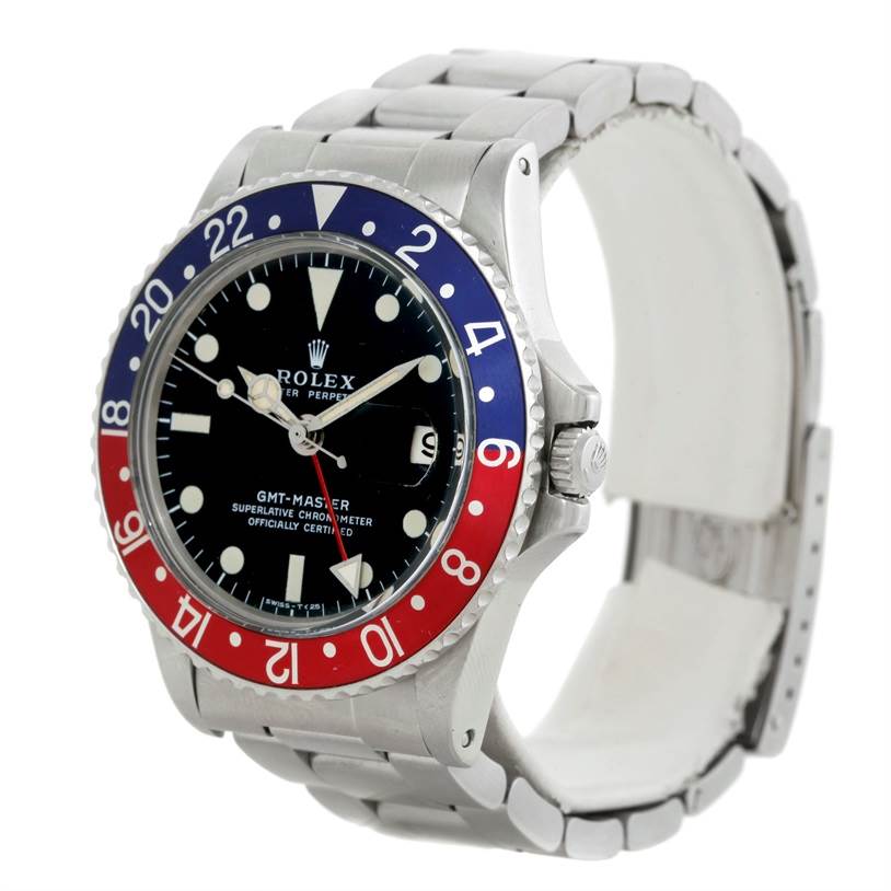 This image shows a Rolex Vintage Collection 1675 Men's Stainless Steel Black Dial 1675 Men's Stainless Steel Black Dial GMT-Master watch angled to display the face, bezel, and part of the bracelet.