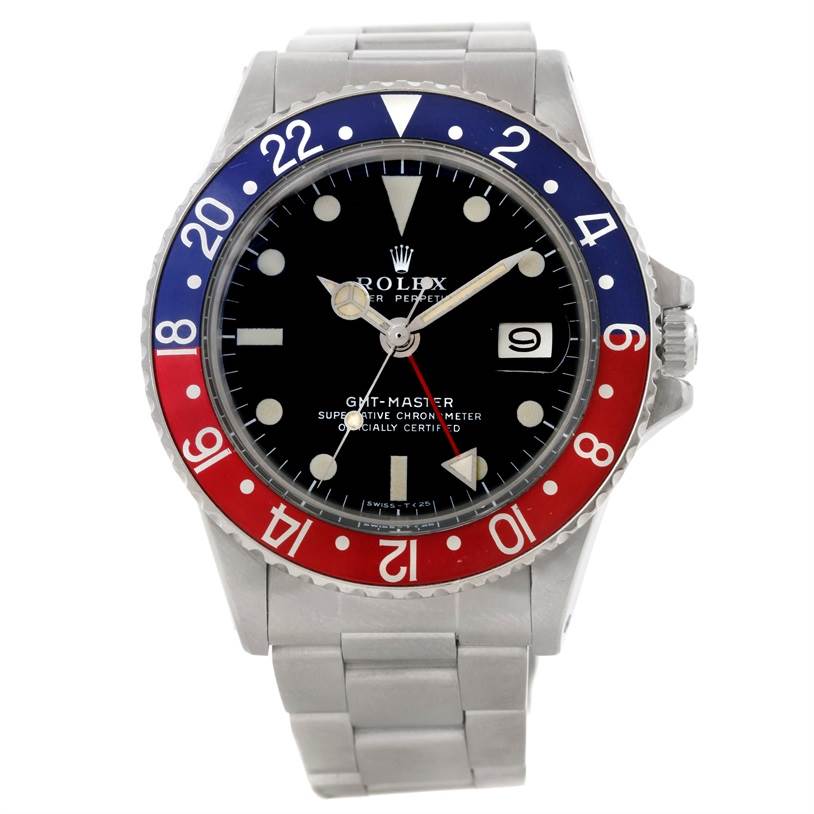 This image shows a front view of the Rolex Vintage Collection 1675 Men's Stainless Steel Black Dial 1675 Men's Stainless Steel Black Dial GMT-Master watch, highlighting the dial, bezel, and bracelet.