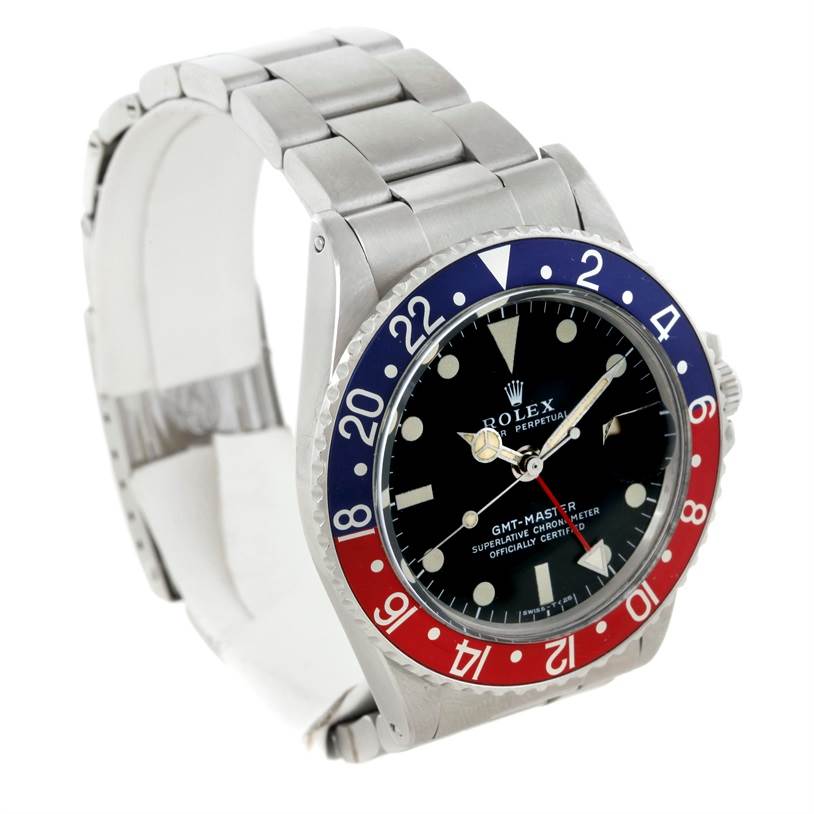 The Rolex Vintage Collection 1675 Men's Stainless Steel Black Dial 1675 Men's Stainless Steel Black Dial GMT-Master watch is shown at a slight angle from the front, highlighting its face, bezel, and bracelet.