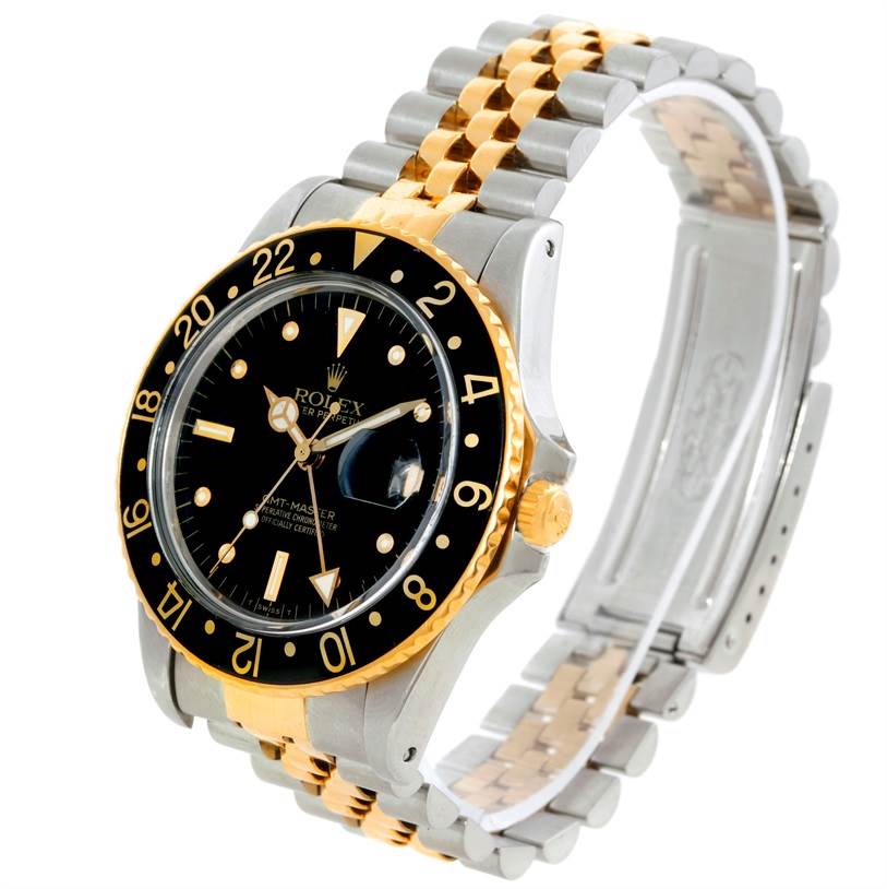 The image shows a Rolex Vintage Collection 16753 Men's Stainless Steel Black Dial 16753 Men's Stainless Steel Black Dial watch at an angle highlighting its face and partially open two-tone bracelet.