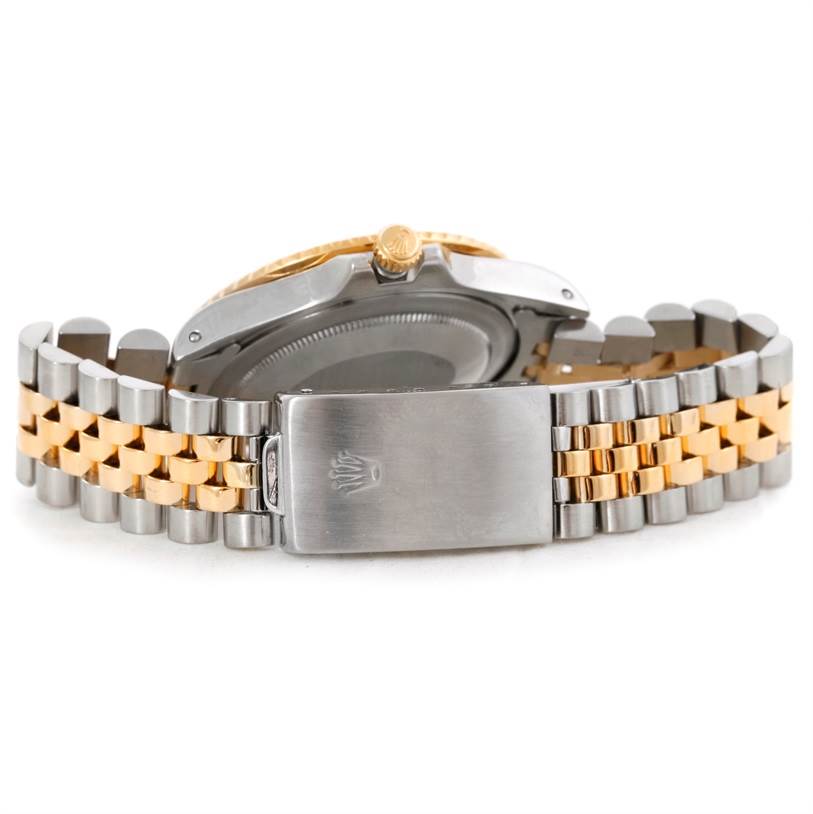 The image shows the back view of a Rolex Vintage Collection 16753 Men's Stainless Steel Black Dial 16753 Men's Stainless Steel Black Dial watch, highlighting its case back and two-tone bracelet.