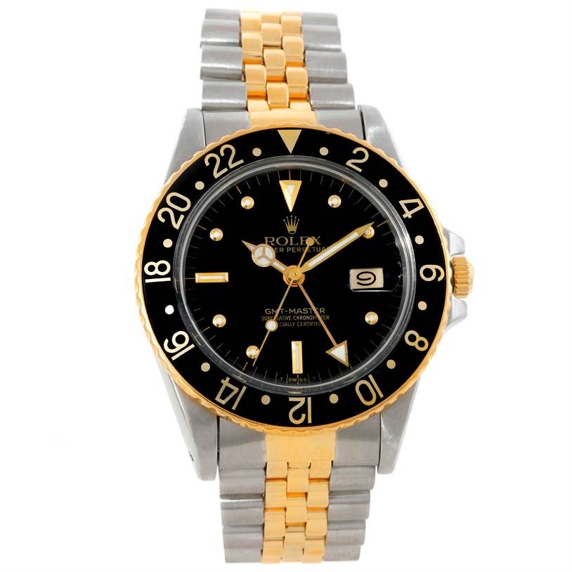 The Rolex Vintage Collection 16753 Men's Stainless Steel Black Dial 16753 Men's Stainless Steel Black Dial model is shown from a top-down angle, highlighting the dial, bezel, and two-tone bracelet.