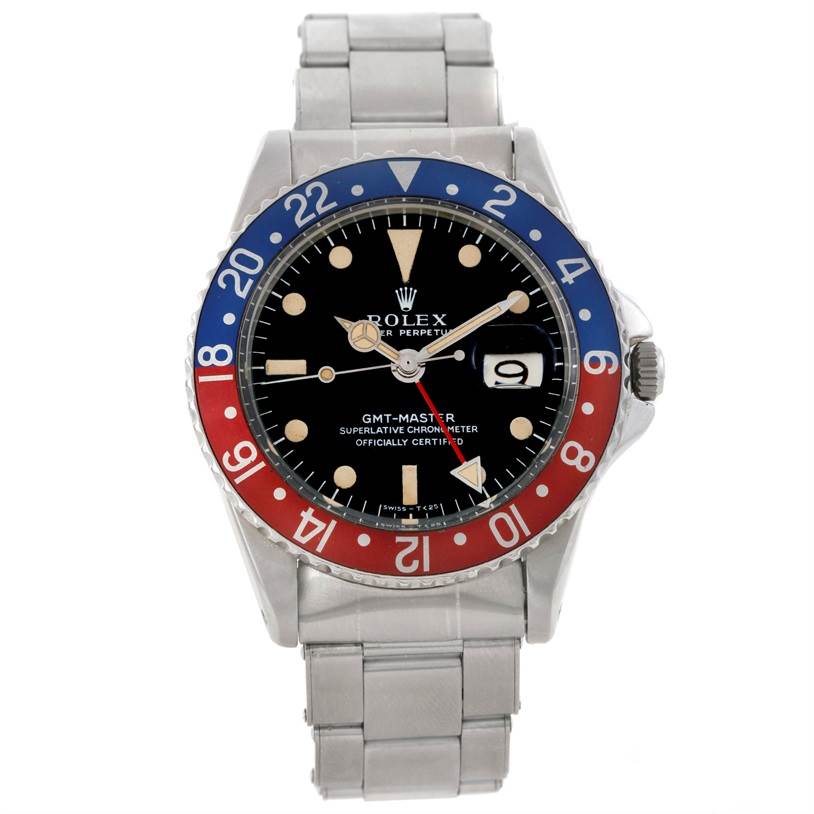 This is a head-on view of the Rolex Vintage Collection 1675 Men's Stainless Steel Black Dial 1675 Men's Stainless Steel Black Dial GMT-Master watch, showing the face, bezel, and metal bracelet.