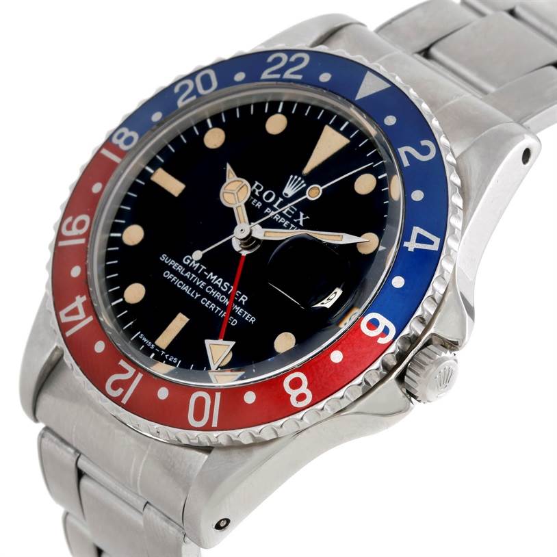 The Rolex Vintage Collection 1675 Men's Stainless Steel Black Dial 1675 Men's Stainless Steel Black Dial GMT-Master watch is shown at an angle highlighting the bezel, dial, and part of the bracelet.