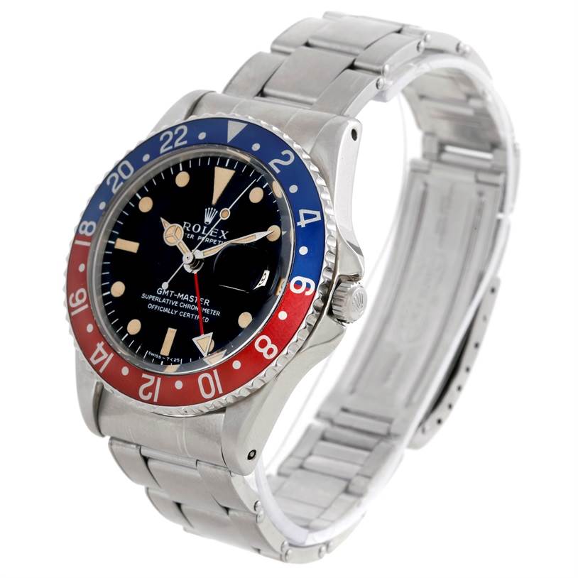 The image shows a Rolex Vintage Collection 1675 Men's Stainless Steel Black Dial 1675 Men's Stainless Steel Black Dial GMT-Master watch, highlighting its dial, bezel, case, and bracelet at an angled view.